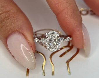 BESTSELLER 2.5 Carat D/VVS2 IGI Certified Lab Grown Oval Cut Lab Diamond Solitaire Hidden Halo Engagement Ring, Side Marquise Cut Diamonds