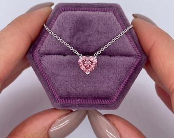 1 Carat Vivid Pink Color VVS2 Clarity IGI Certified Heart Cut Lab Grown Diamond Solitaire Floating Pendant with 14k White Gold