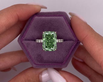 7.35 Carat Vivid Green Color VVS2 Clarity IGI CERTIFIED Elongated Radiant Cut Lab Grown Diamond Hidden Halo Engagement Ring  14k White Gold