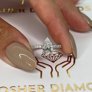 1.40 Carat E/VVS2 IGI Certified Pear Shape Lab Grown Diamond Solitaire Hidden Halo Engagement Ring, Side Round cut Diamonds, 14k White Gold