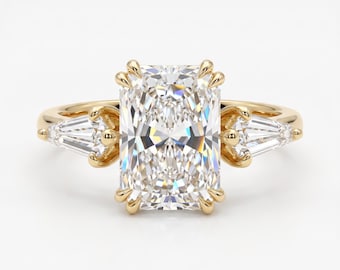 3.5 carat D/VVS2 IGI Certified Elongated Radiant Cut Lab Grown Diamond Hidden Halo Three Stone Engagement Ring Side Kite Diamonds 14k Gold