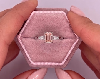 1.2 Carat Fancy Vivid Pink VVS2 Emerald Cut  IGI Certified  Lab Grown Diamond Three Stone Engagement Ring, Side Baguettes 18k White Gold