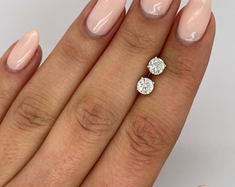 1.5 Carat Total Weight D Color VVS2 Clarity Round Ideal Cut Lab Grown Diamond Stud Earrings 14k White Gold Basket Pushback