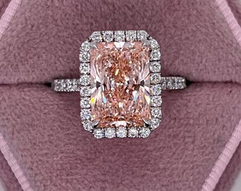 5.3 Carat IGI Certified Fancy Vivid Pink Color VVS2 Clarity Radiant Cut Lab Grown Diamond Halo Engagement Ring 18k White Gold