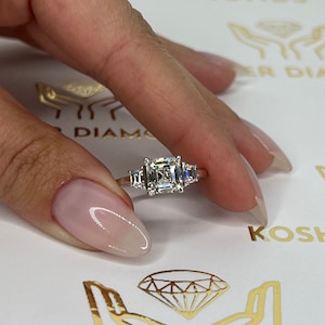 2.5 carat IGI CERTIFIED E color VVS2 Clarity Asscher Cut Three Stone Lab Diamond Engagement Ring, Side Trapezoid Diamonds , 14k Gold Ring