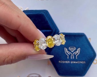 Alternating Vivid Yellow & D Color VVS1 Clarity 2.5 Carat Total Weight Five Stone Oval Lab Grown Diamond Engagement Ring 18k White Gold
