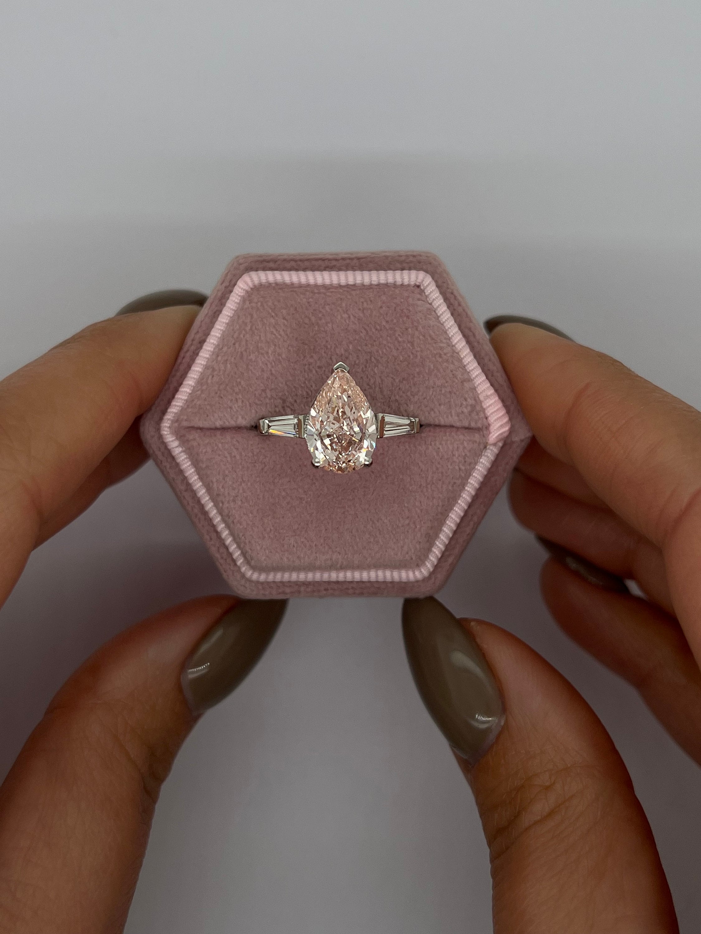 3.5 Carat Fancy Intense Pink VS1 Clarity IGI Certified Pear Shape Lab Diamond Three Stone Engagement Ring 18k White Gold, Side Baguettes