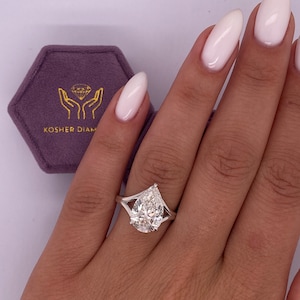 3 Carat E Color VVS2 Clarity IGI Certified Pear Shape Excellent Cut Lab Grown Diamond Solitaire Split Shank Engagement Ring 14k White Gold