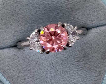 2 Carat Fancy Vivid Pink VS1 Round Triple Ex Cut IGI Cerified Lab Diamond Three Stone Engagement Ring Half Moon Side Diamonds 14k White Gold