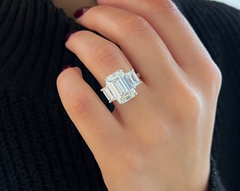 8 Carat Total Weight E Color VVS2 Clarity Three Stone Emerald Cut Lab Grown Diamond Engagement Ring  IGI Certified 18k White Gold
