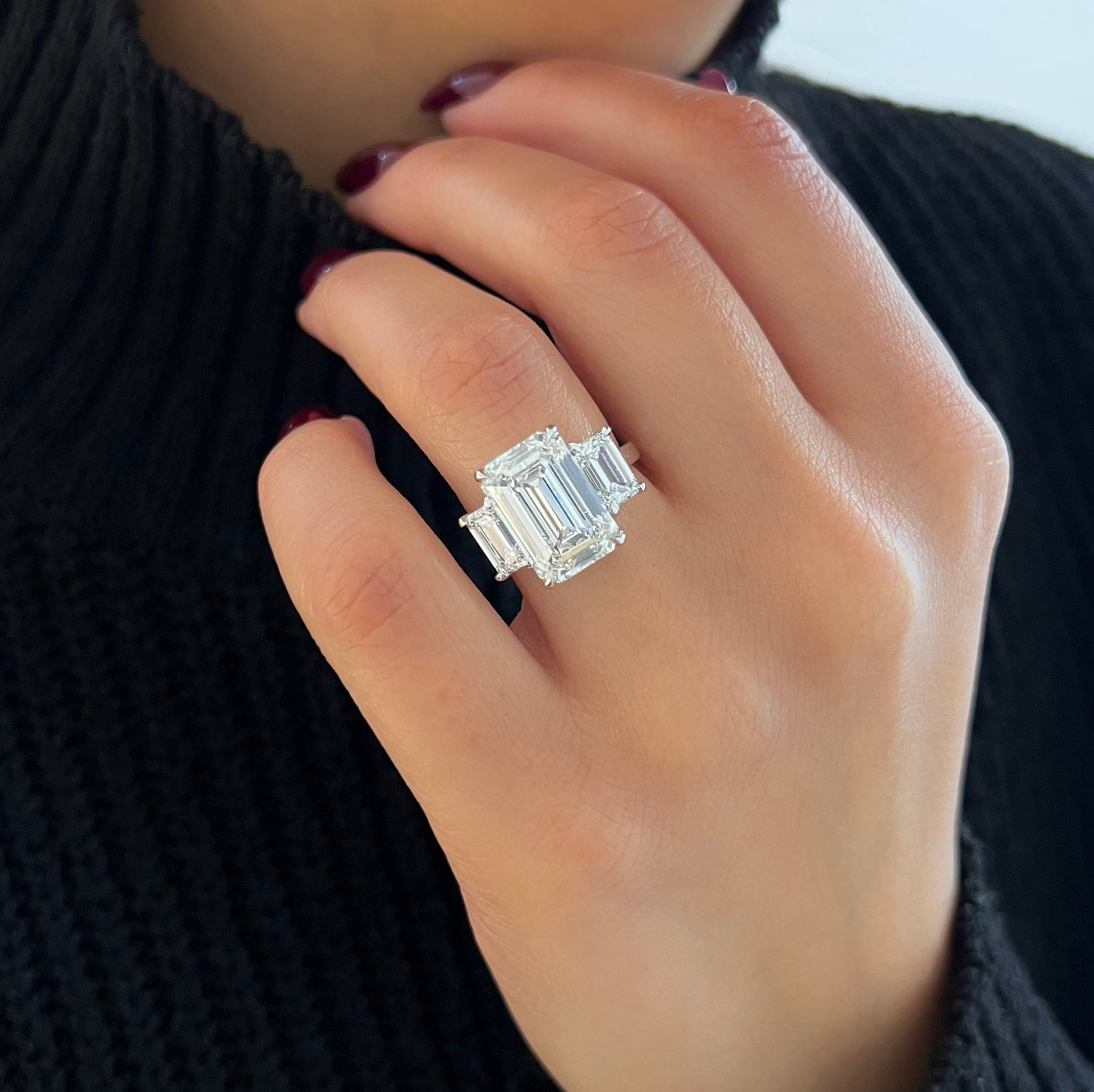 6 Carat IGI Certified E Color VVS2 Clarity Three Stone Emerald Cut