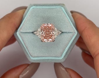 6 Carat Vivid Pink VVS2 IGI Certified Radiant Cut Three Stone Lab Grown Diamond Engagement Ring  Side Trillion Cuts 18k White Gold
