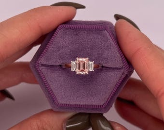 1.3 Carat Fancy Vivid Pink Color VVS2 Clarity IGI Certified Three Stone Emerald Cut Lab Grown Diamond Engagement Ring 18k White Gold Ring