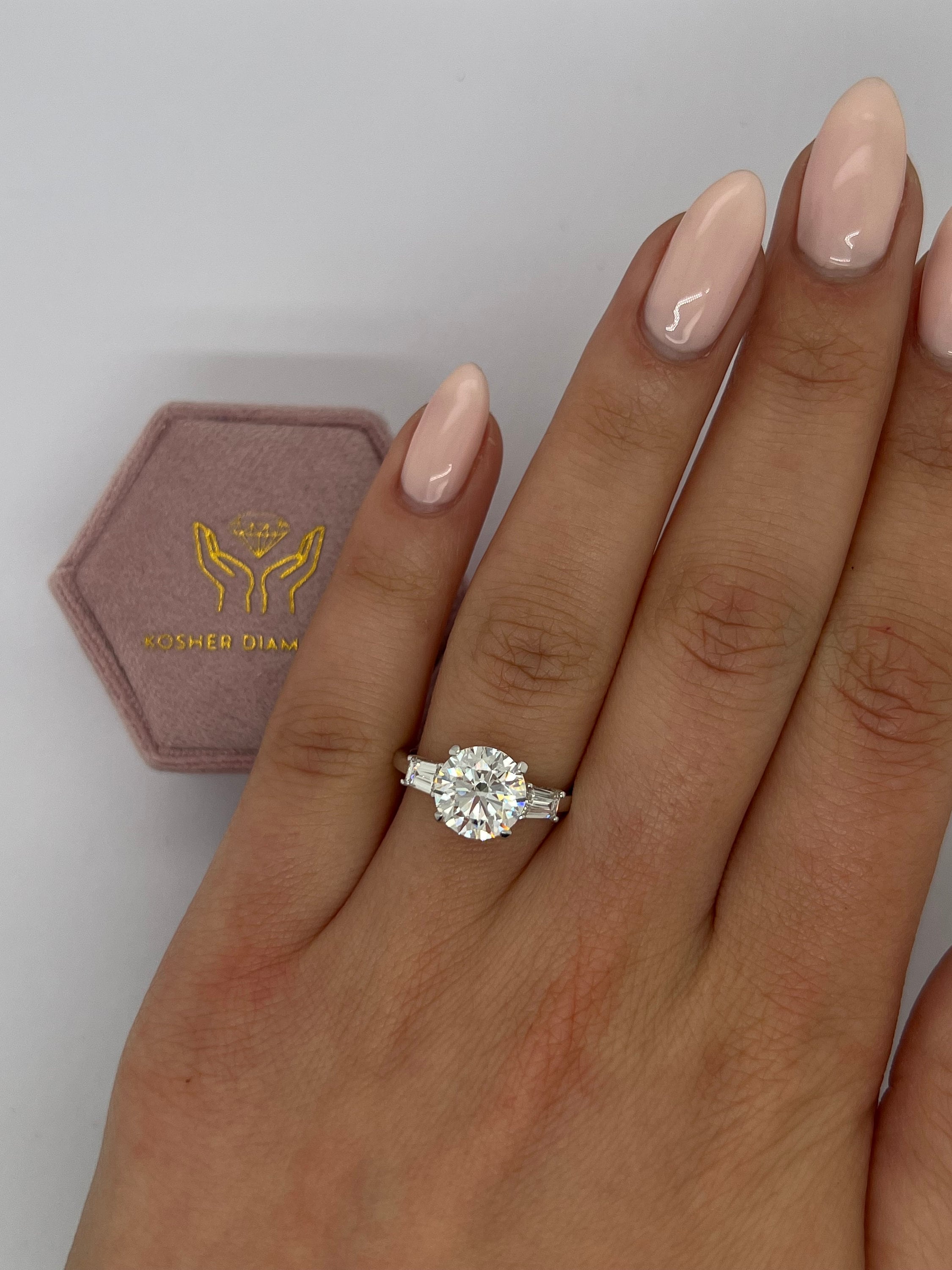 3.5 Carat E Color VS1 Clarity Round IDEAL Cut Lab Grown Diamond Three Stone Engagement Ring, Side Baguettes 18k White Gold IGI Certified