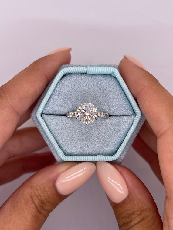 Carat E VVS2 Round Cut Lab Grown Diamond Solitaire Engagement Ring 14k  White Gold Pave Ring, Lab Created Diamond Ring Round Brilliant