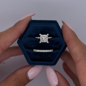 1.75 Carat F/VVS2 IGI Certified Princess Cut Lab Grown Diamond Solitaire Hidden Halo Engagement Ring Set with Matching Diamond Band 14k Gold
