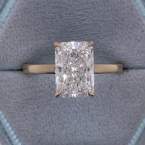 4.10 Carat Total  E Color VVS2 Clarity IGI Certified  Radiant Cut Lab Diamond Solitaire Hidden Halo Engagement Ring 14k Yellow Gold