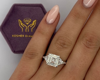 6 Carat E color VVS2 Clarity IGI Certified Asscher Cut Three Stone Lab Created Diamond Engagement Ring Side Trillion Cuts 18k White Gold