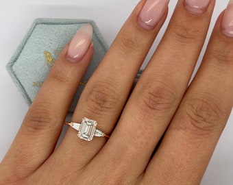 1.20 Carat IGI Certified D Color VVS1 Clarity Emerald Cut Three Stone Lab Grown Diamond Engagement Ring, Side Baguettes 14k Rose Gold