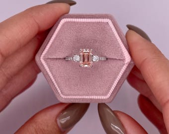 1.35 Carat Vivid Pink VVS2 Clarity IGI Certified Emerald Cut Lab Grown Pave Diamond Engagement Ring, Side Round Cut Diamonds 18k White Gold