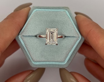 Emerald Cut Lab Grown Diamond Solitaire Hidden Halo Engagement Ring, 14k White Gold, IGI Certified