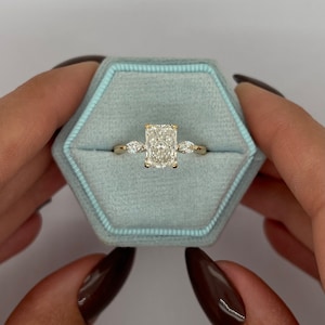 2.25 carat E/VVS2 IGI CERTIFIED Elongated Radiant Cut Lab Created Diamond Three Stone Engagement Ring Side Marquise Diamonds 14k Yellow Gold