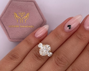 4.5 carat E Color VVS2 Clarity Oval Cut Three Stone Lab Grown Diamond Engagement Ring, Side Round Cut Diamonds 14k Yellow Gold