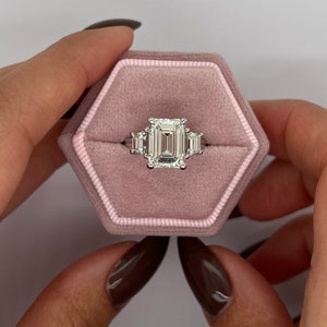 5 Carat IGI Certified D Color VVS2 Clarity Emerald Cut Lab Diamond Engagement Ring, Three Stone Ring Side Trapezoid Diamonds 18k White Gold
