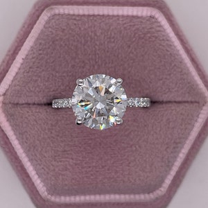 3.25 Carat E color VVS2 Clarity IGI CERTIFIED Round Ideal Cut Lab Grown Diamond Engagement Ring Hidden Halo and Side Diamonds 14k White Gold