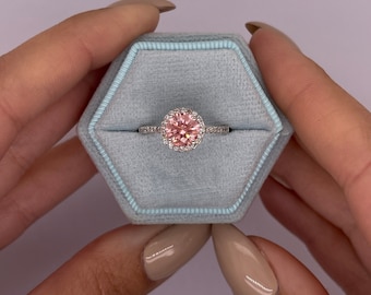 Fancy VIVID Pink Color VS1 Clarity 1.30 Carat IGI Certified Ideal Cut Lab Grown Diamond Halo Engagement Ring 14k White Gold