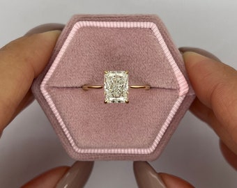 2.05 Carat IGI CERTIFIED G VVS2 Radiant Cut Lab Grown Diamond Solitaire Engagement Ring 14k Yellow Gold with Hidden Halo Round Diamonds