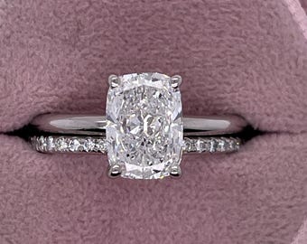 1.8 carat D/VVS2 IGI Certified Elongated Cushion Cut Lab Grown Diamond Solitaire Hidden Halo Engagement Ring Set Matching Round Diamond Band