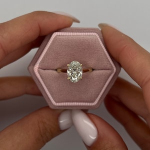 Cathedral Set 3 Carat Oval E Color VVS2 Clarity IGI Certified  Lab Grown Diamond Solitaire Hidden Halo Engagement Ring 14k Yellow Gold