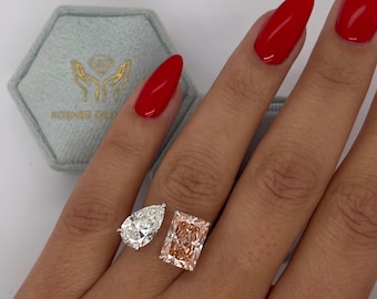 SUPER RARE 6.5 carat Vivid Pink VVS2 IGI Certified Radiant + Pear Cut Two Stone Lab Diamond Engagement Ring Toi et Moi You & Me 18k Gold