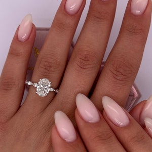 2.7 Carat D Color VVS2 Clarity IGI Certified Lab Grown Oval Cut Lab Diamond Solitaire Hidden Halo Engagement Ring, Side Marquise Diamonds