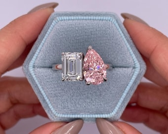 4 carat Total Vivid Pink & D Color VVS2 Clarity IGI CERTIFIED Pear + Emerald Cut Two Stone Lab Grown Diamond Engagement Ring 18k White Gold