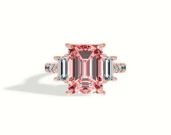 6.5 Carat Total Fancy Vivid Pink Color IGI Certified VVS2 Clarity Emerald Cut Lab Grown Diamond Hidden Halo Engagement Ring 18k Rose Gold