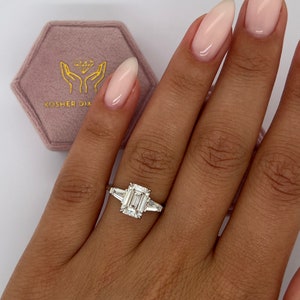 3 Carat IGI Certified E Color VVS2 Clarity Emerald Cut Lab Grown Diamond Three Stone Engagement Ring, Side Baguettes 14k White Gold