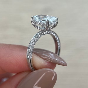 NEW MODEL 2.50 Carat E/VVS2 IGI Certified Lab Grown Radiant Cut Lab Diamond Engagement Ring, Hidden Halo & 3 Sides of Round Diamonds