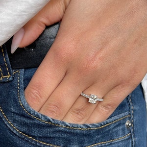 1.25 carat Elongated Cushion Lab Grown Diamond Solitaire Engagement Ring, Side Round Cut Diamonds, Pave Set Eco Friendly, 14k White Gold