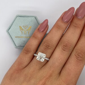 3.35 carat E color VVS2 Clarity IGI Certified Asscher Cut Lab Grown Diamond Solitaire Engagement Ring 18k White Gold Hidden Halo of Rounds