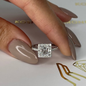 1.25 carat E color VVS2 Clarity  Asscher Cut  IGI CERTIFIED Lab Grown Diamond Halo Engagement Ring ,Side Round Cut Diamonds, 14k White Gold