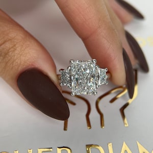 5 Carat E Color VVS2 Clarity Radiant Cut Three Stone Lab Grown Diamond Engagement Ring,  Side Trapezoids , 18k White Gold