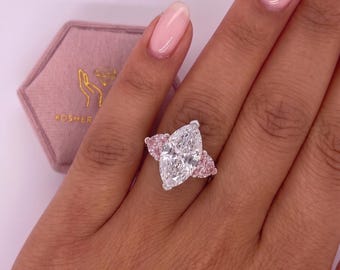 UNIQUE 12 Carat Total Marquise Lab Grown Three Stone Diamond Engagement Ring Side Vivid Pink Color Heart Shape 18k White Gold  IGI Certified