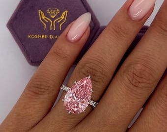 8.5 carat Fancy Vivid Pink Color VVS2 Clarity Pear Shape IGI Certified Lab Grown Diamond Hidden Halo Engagement Ring 18k White Gold