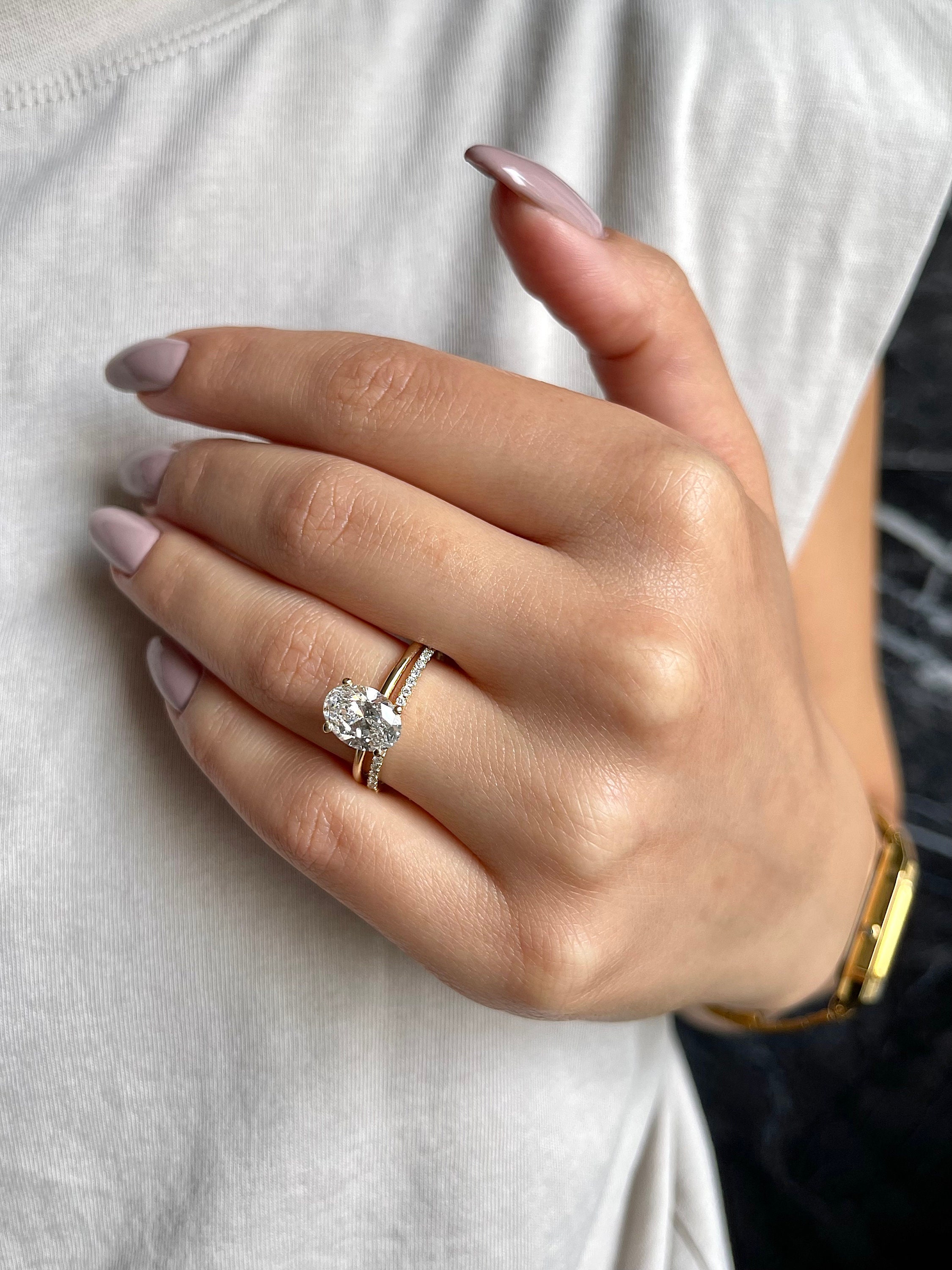3.2 Carat IGI Certified E/VVS2 Oval Cut Lab Grown Diamond Solitaire Engagement Ring Set, Matching Round Diamond Wedding Band 14k Yellow Gold