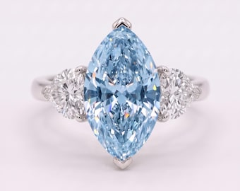 10 Carat Total Vivid Blue VVS2 Clarity IGI Certified Marquise Lab Grown Three Stone Diamond Engagement Ring Side Heart Shape 18k White Gold