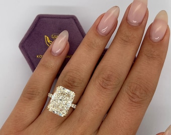GIGANTISK DRÖMMIG Sällsynt 10,50 karat IGI-certifierad F/VVS2 Radiant Cut Lab Grown Diamond Solitaire Hidden Halo Förlovningsring 14k Gult Guld