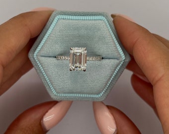 3.30 carat IGI Certified D Color VVS2 Clarity Emerald Cut Lab Grown Diamond Solitaire Hidden Halo Engagement Ring  18k White Gold