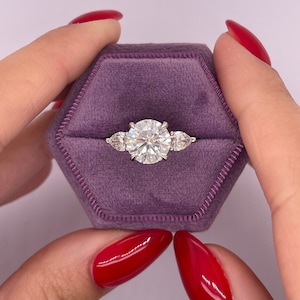 RARE D Color 5 Carat IGI Certified  VVS2 Clarity Round Cut Lab Grown Diamond Three Stone Engagement Ring Side Pear Stones 14k White Gold